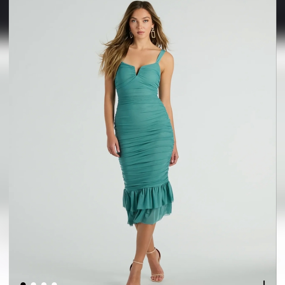 Turn On The Charm Ruffled Mesh Midi Dress